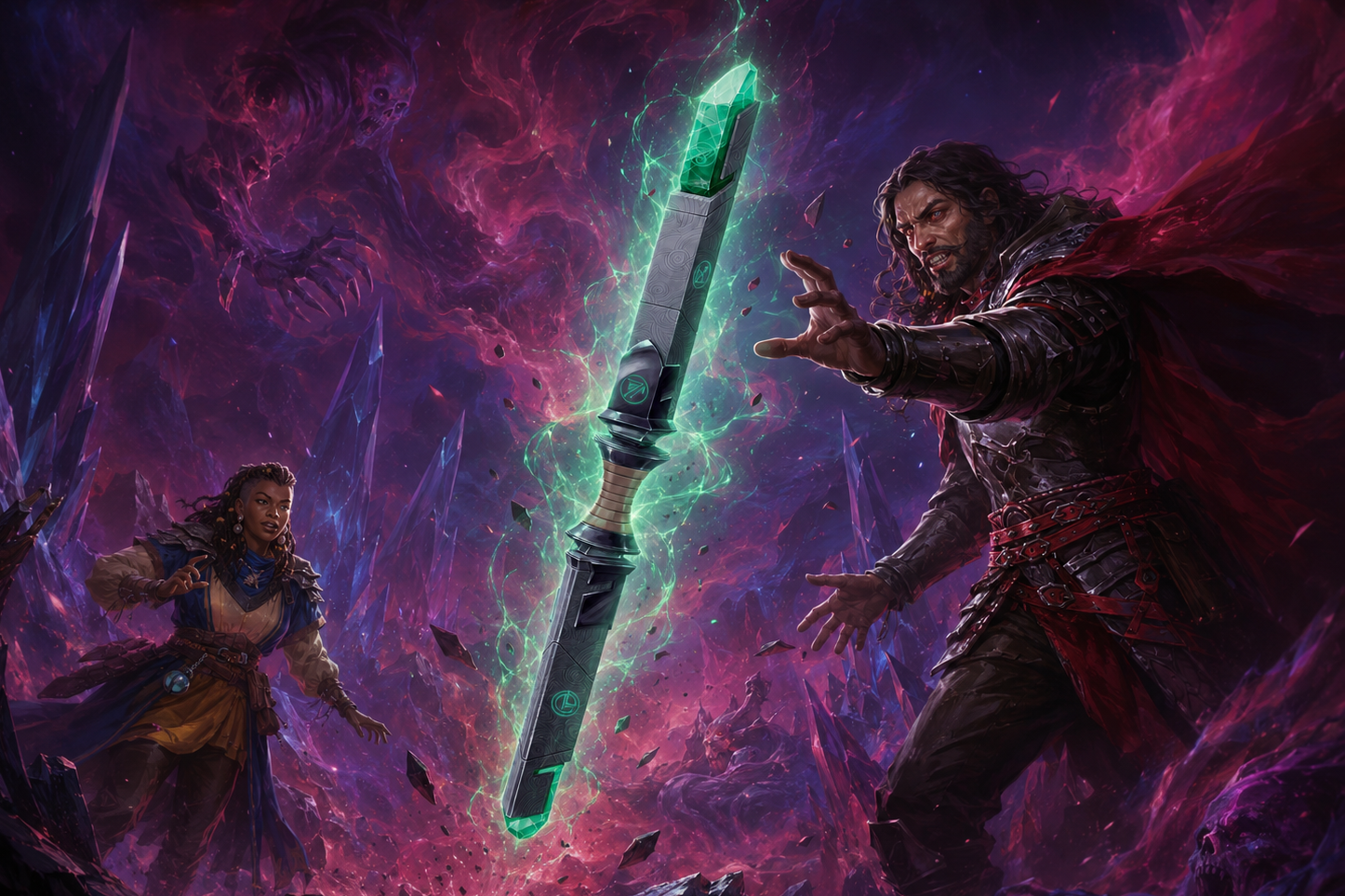 Kas the Betrayer reaches for the glowing green Rod of Seven Parts as Malaena looks on in alarm, eldritch horrors and shattering crystal filling the void behind them