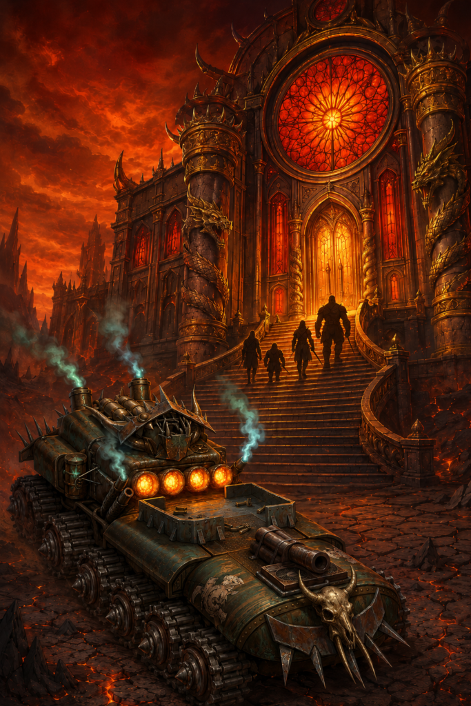 Three adventurers and their Sentient Construct companion approach the Red Belvedere casino entrance in Vecna: Eve of Ruin Chapter 8