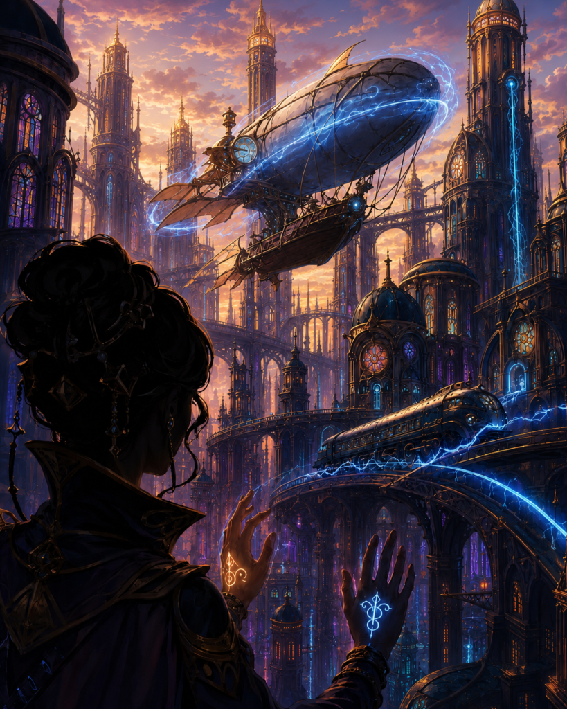 A silhouetted spellcaster overlooks the soaring gothic skyline of Fairhaven, Aundair, as an arcane airship encircled by lightning passes overhead at dusk